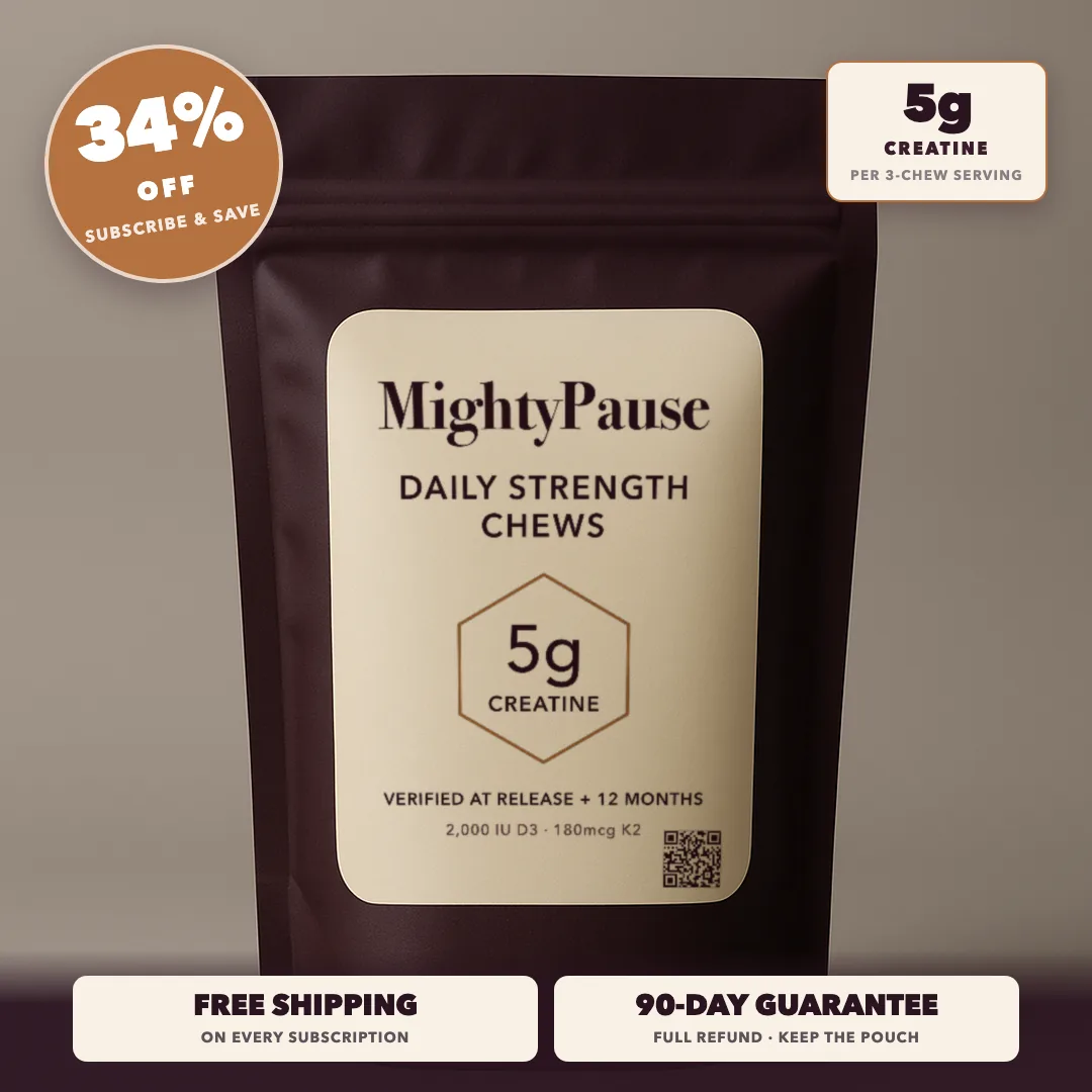 MightyPause Daily Strength Chews — 5g creatine monohydrate, 90 chews, 34% off with free shipping and a 90-day guarantee