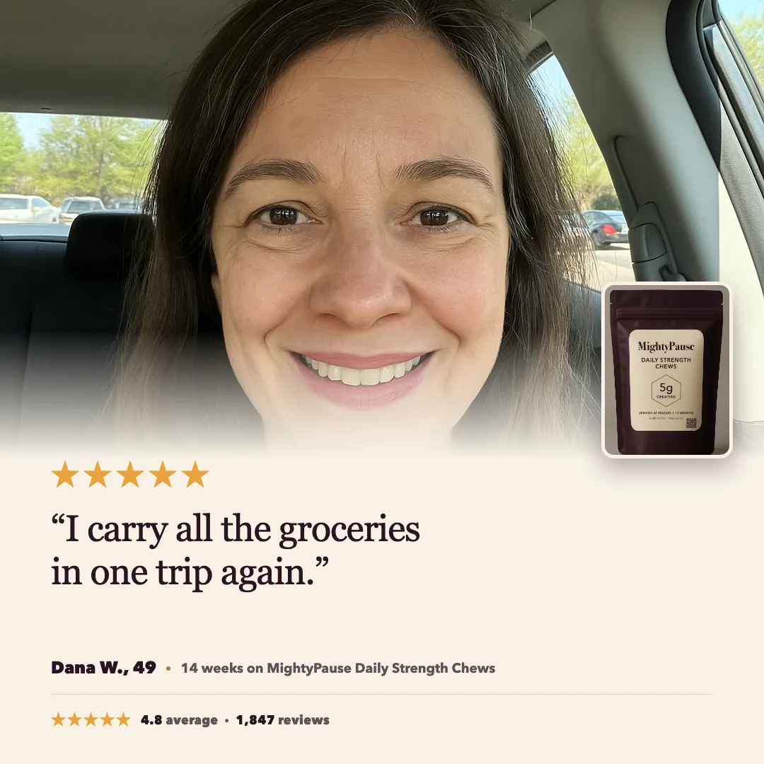 Testimonial card: five stars and a quote about carrying the groceries in one trip