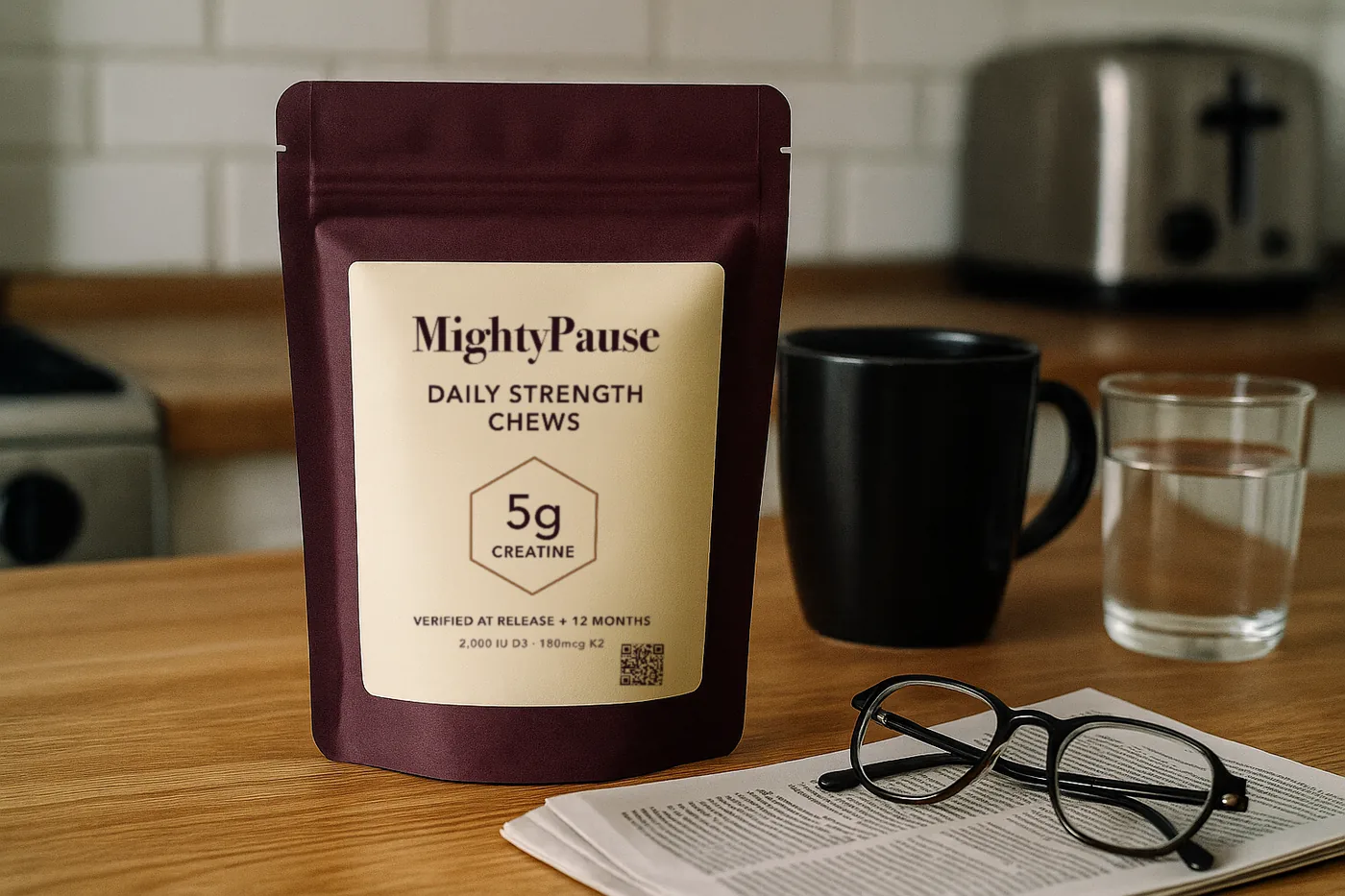 MightyPause Daily Strength Chews pouch on the kitchen counter with morning coffee