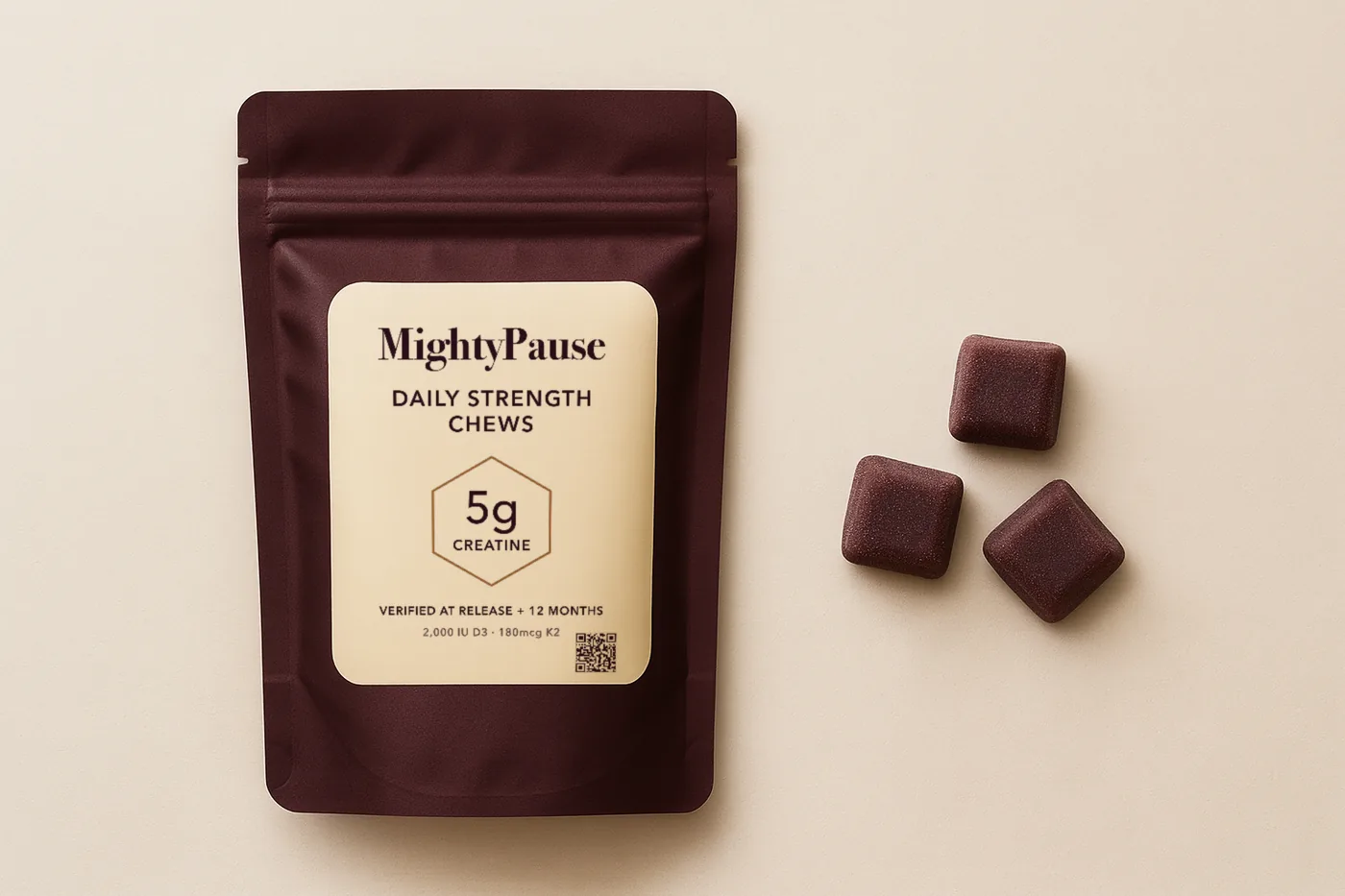 MightyPause pouch with raspberry Daily Strength Chews