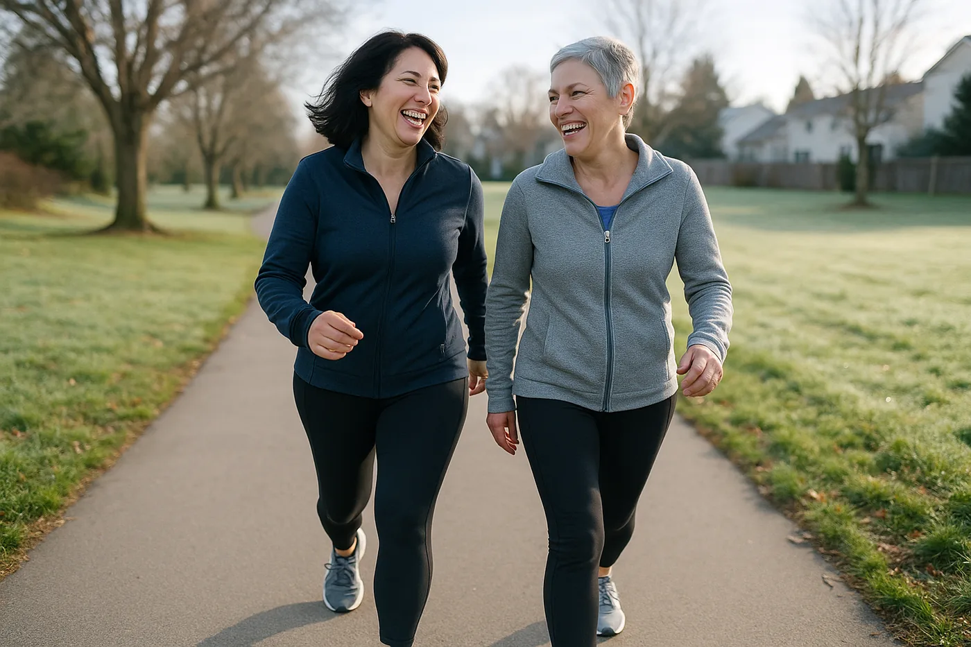 Two women walking together outdoors